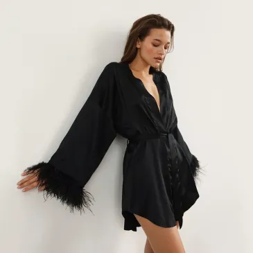 Elegant Satin Feather Trim Robe
