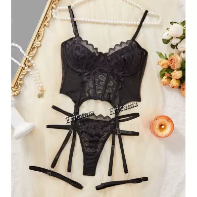 Seductive Lace Strappy Lingerie Set – Bra, Thong & Garter Belt
