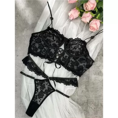 Seductive Floral Lace Sheer Lingerie Set