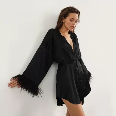 Elegant Satin Feather Trim Robe