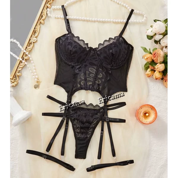 Seductive Lace Strappy Lingerie Set – Bra, Thong &Amp; Garter Belt