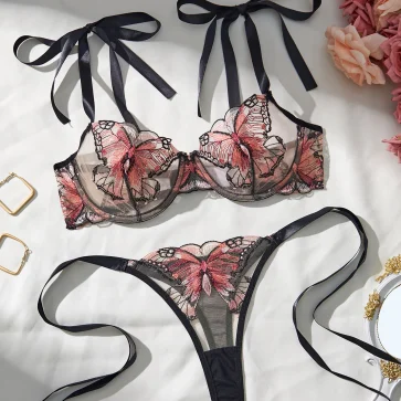 Lady 2 Pieces Lingerie Elegant Bowknot See Through Sexy Butterfly Bra Panty Cute Girl Intimate Underwear Set